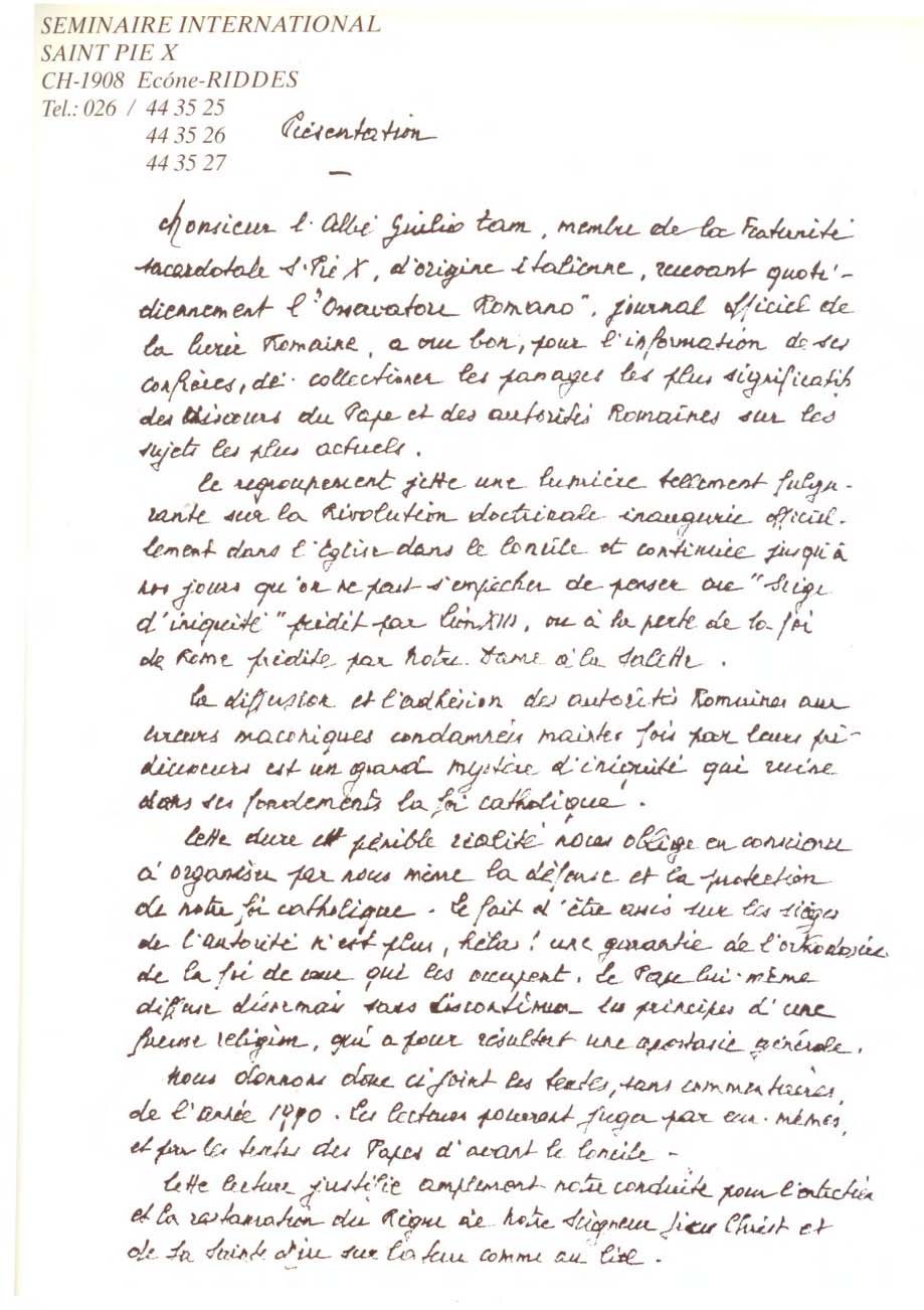 Dernire lettre de Mgr lefebvre