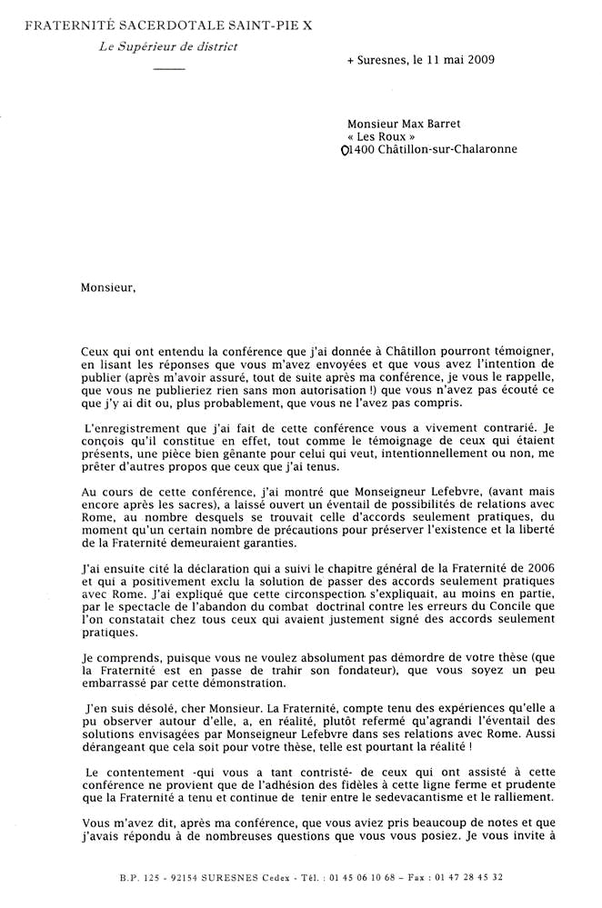 Lettre de réponse de l’abbé de Cacqueray à Max Barret, en date du 11 mai 2009