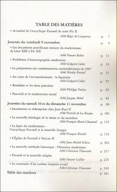 Les actes du symposium Pascendi, Table des Matières