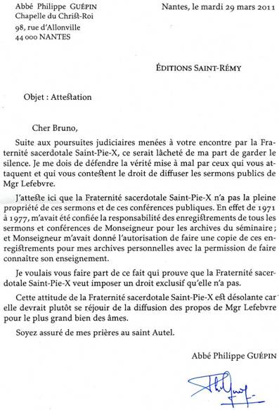 Lettre de l’abbé Philippe Guépin aux Édition Saint-Remi